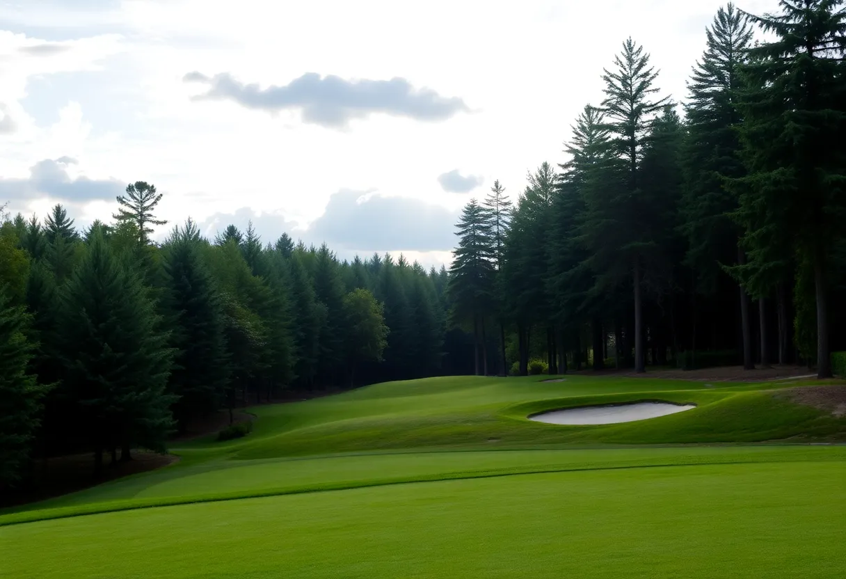 A close up view of a beautiful golf course with well-manicured grass.