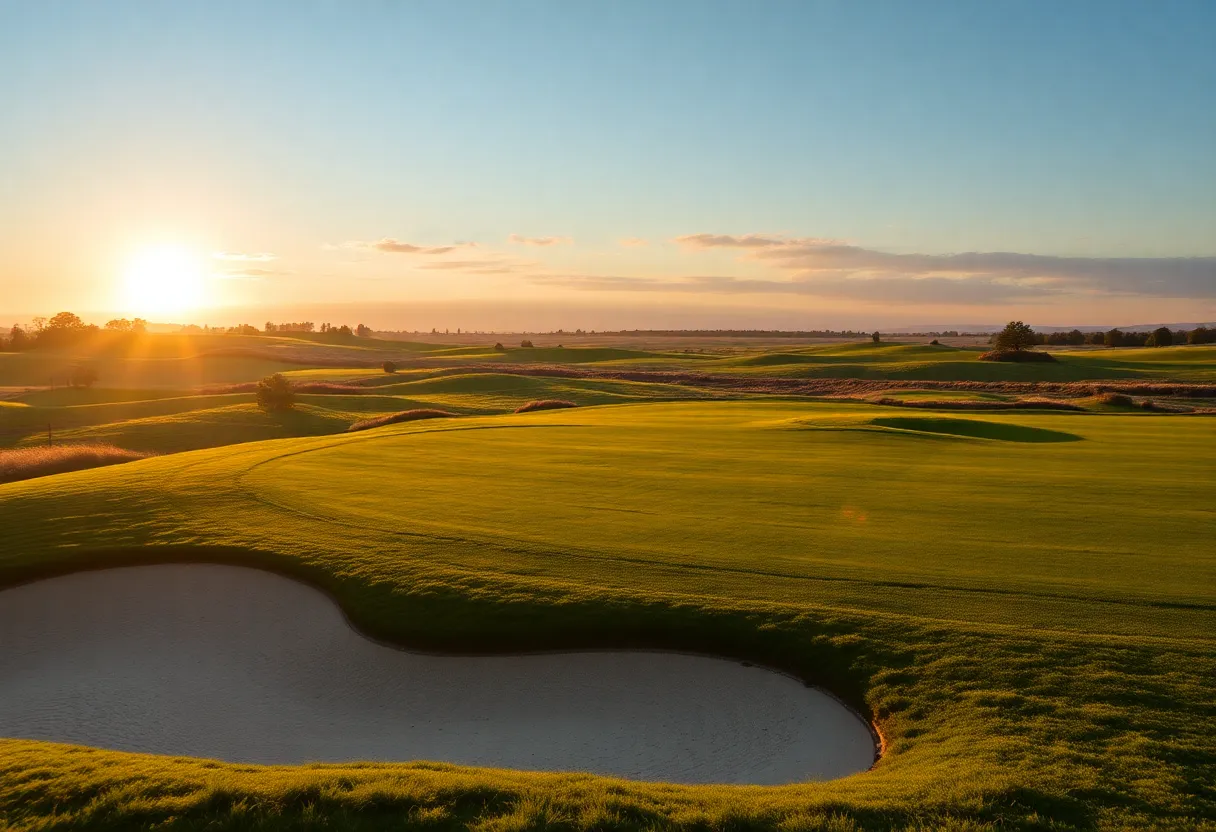 Close up of a beautiful golf course showcasing lush green fairways and scenic surroundings.
