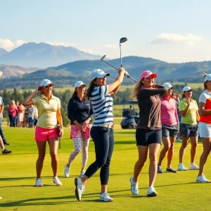 Female golfers competing in the 2025 LPGA Tour on a sunny golf course.