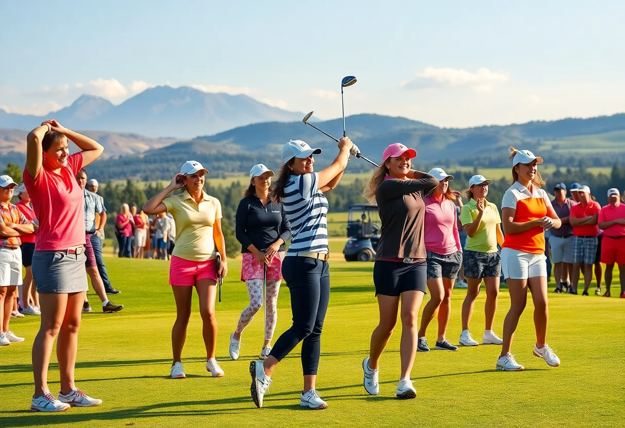 Female golfers competing in the 2025 LPGA Tour on a sunny golf course.