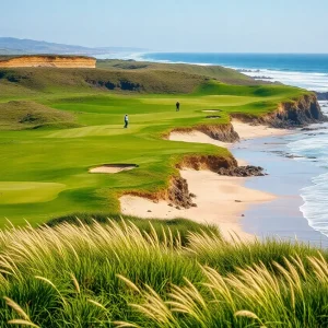 Stunning view of a coastal links golf course with ocean backdrop