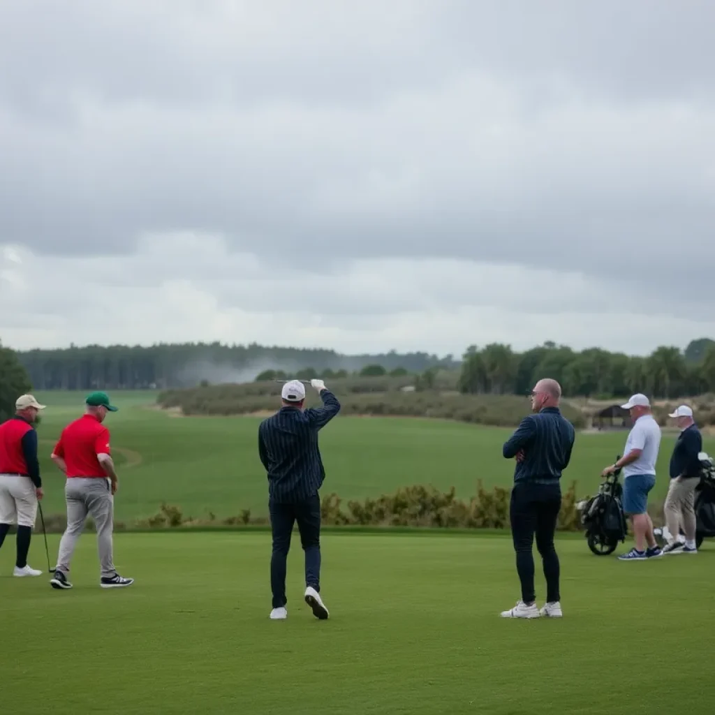 Golfers participating in a 24-hour challenge in Norway amidst rain.