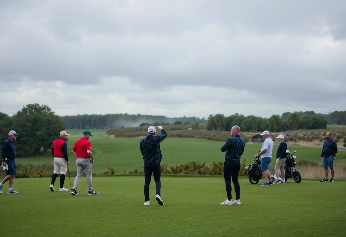 Golfers participating in a 24-hour challenge in Norway amidst rain.