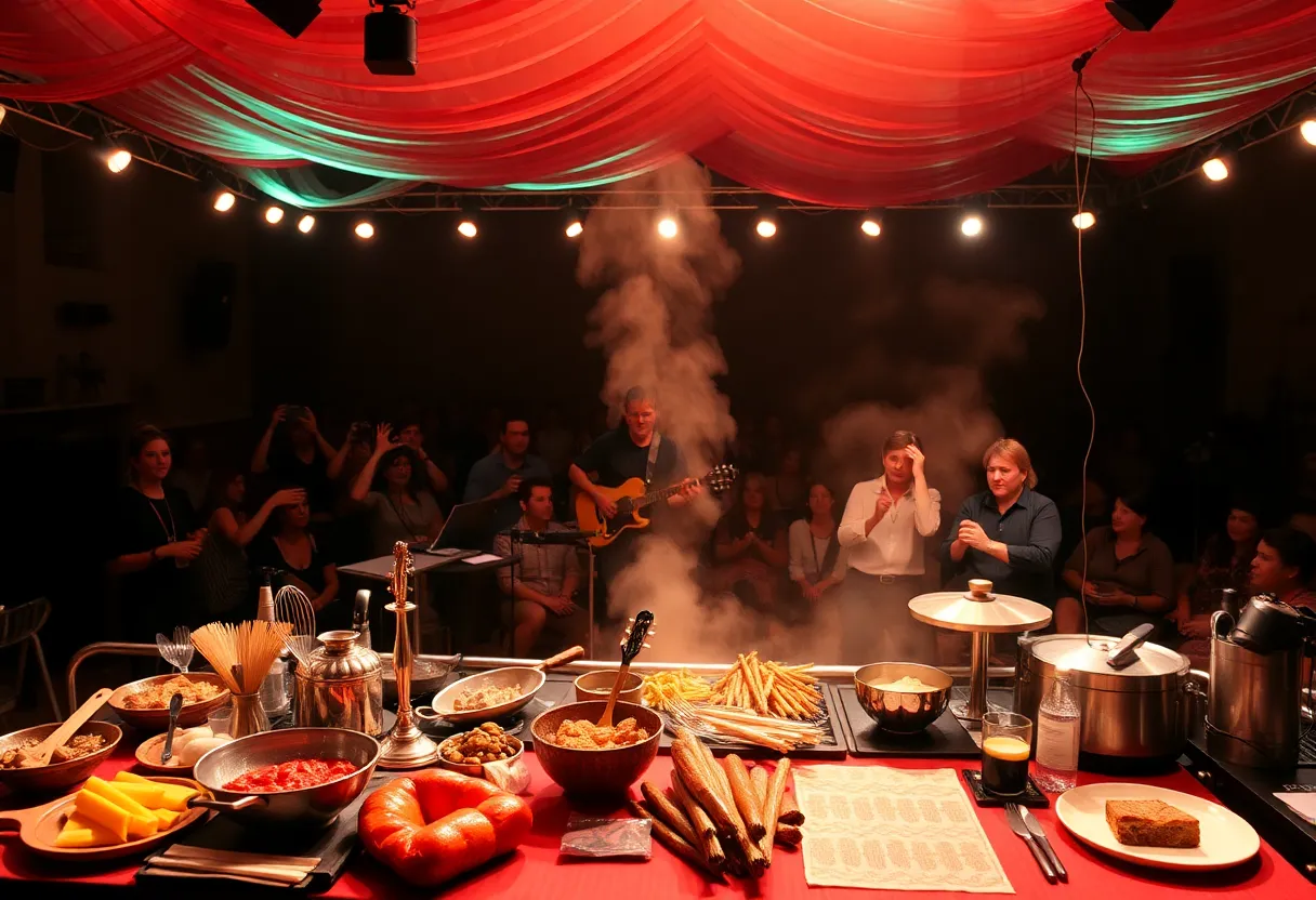 Audience enjoying Alton Brown's culinary show