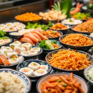 Array of Asian dishes in a buffet setting