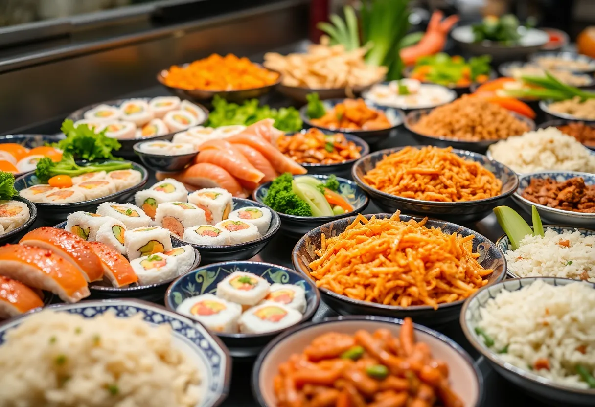 Array of Asian dishes in a buffet setting
