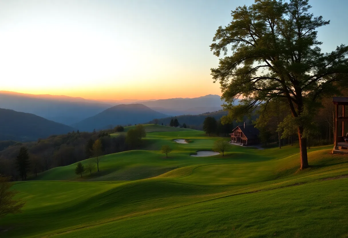 Workers renovating the Beacon Hill Golf Course with mountains in the background