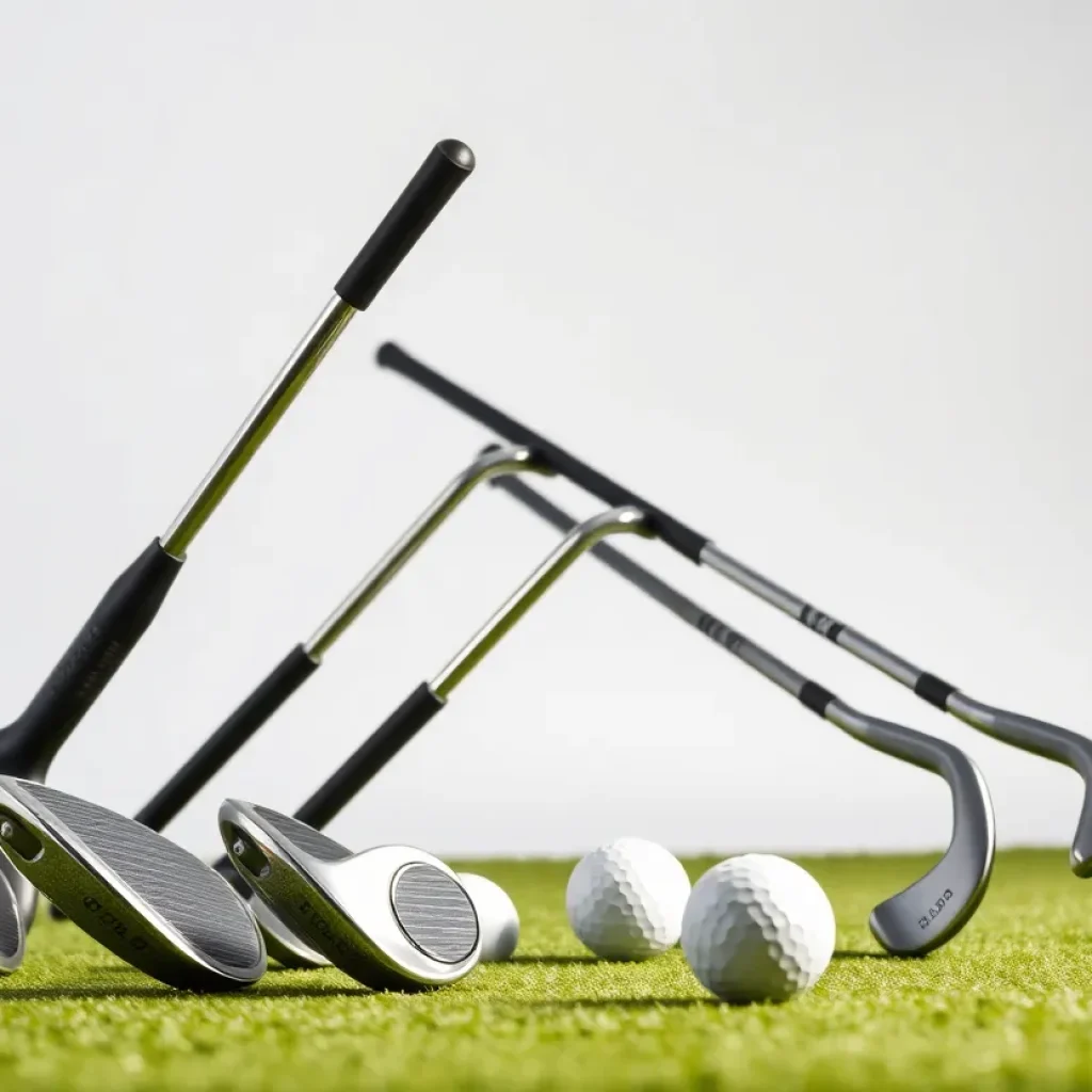 A collection of Beres 09 golf clubs on a green golf course