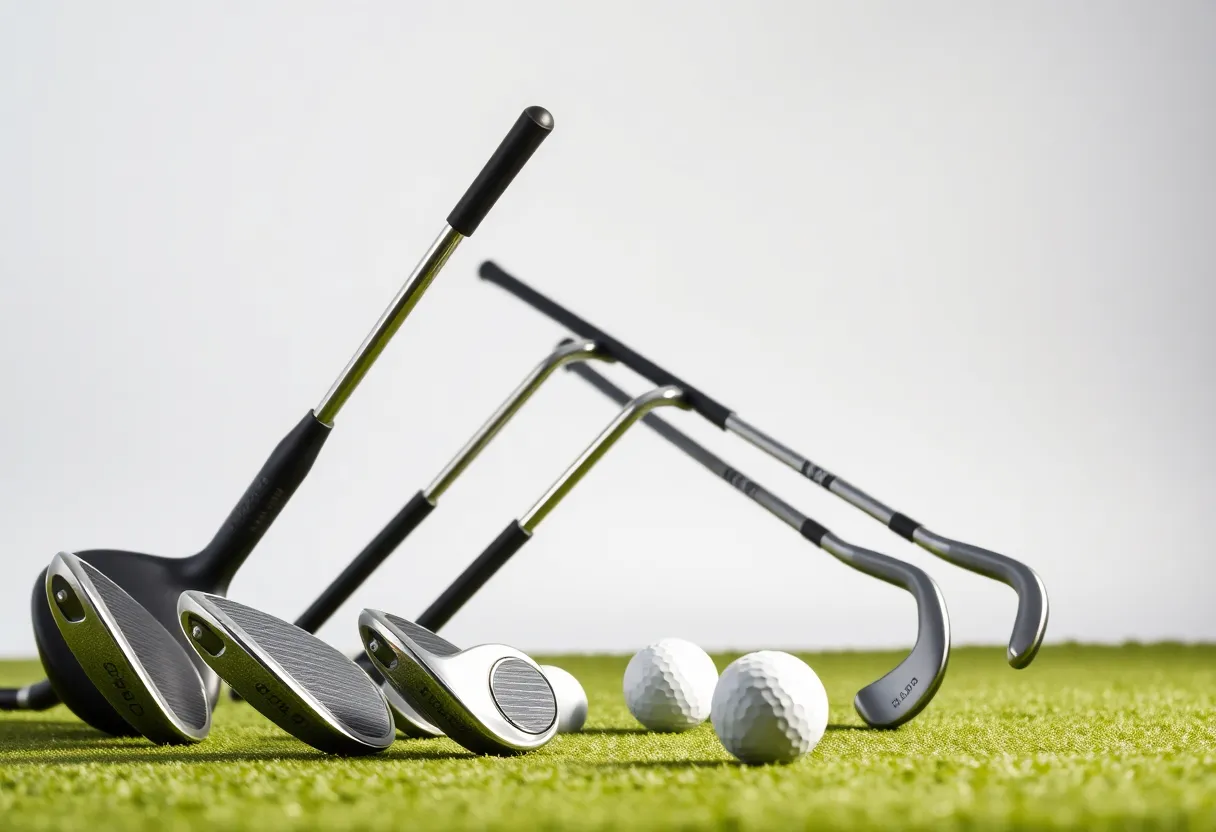 A collection of Beres 09 golf clubs on a green golf course
