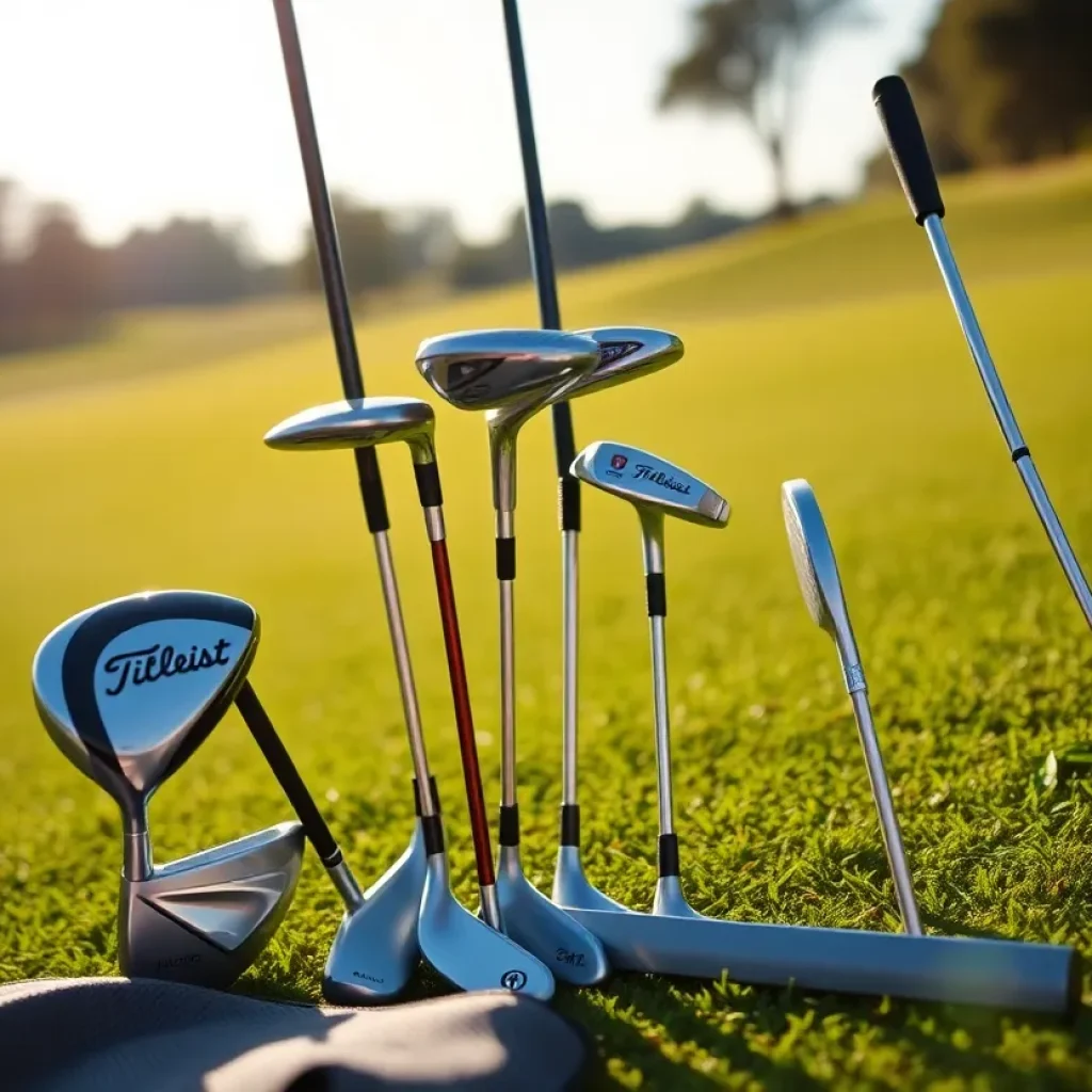 Collection of Titleist golf clubs in a golf bag