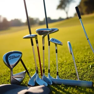 Collection of Titleist golf clubs in a golf bag