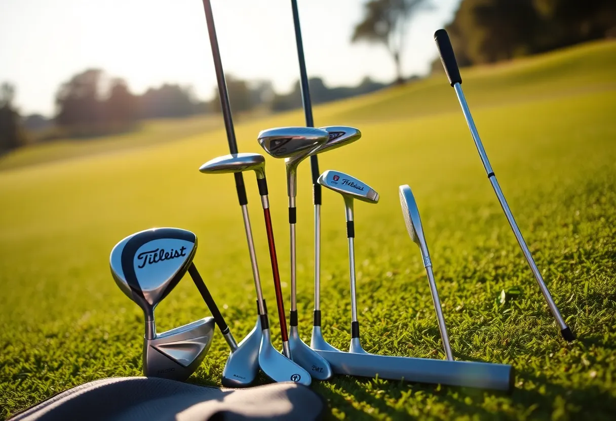 Collection of Titleist golf clubs in a golf bag