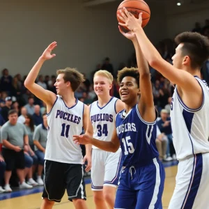 High school basketball players executing a play during a game