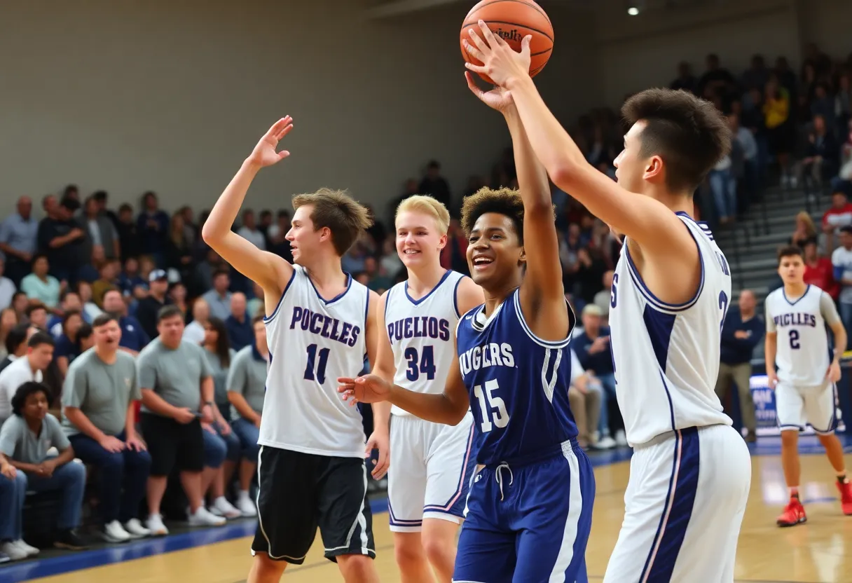 High school basketball players executing a play during a game