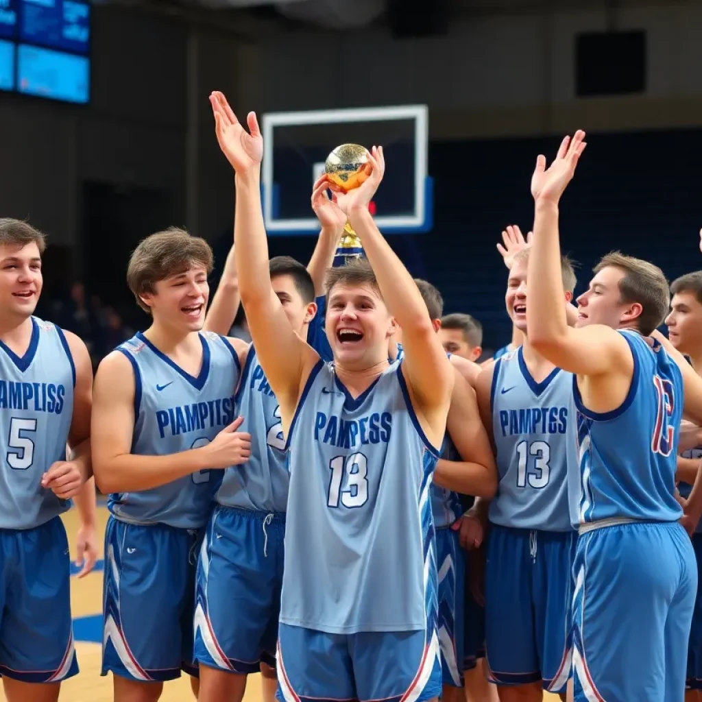 Bolles School girls basketball team celebrating their victory on the basketball court.