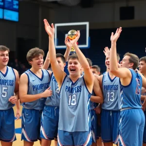 Bolles School girls basketball team celebrating their victory on the basketball court.