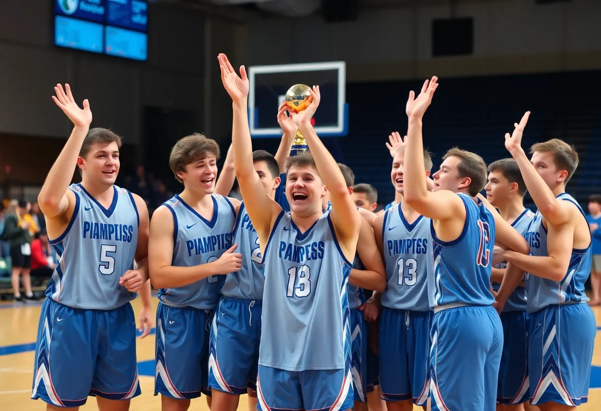 Bolles School girls basketball team celebrating their victory on the basketball court.