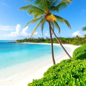Beautiful beach at Celebration Key in the Bahamas with palm trees