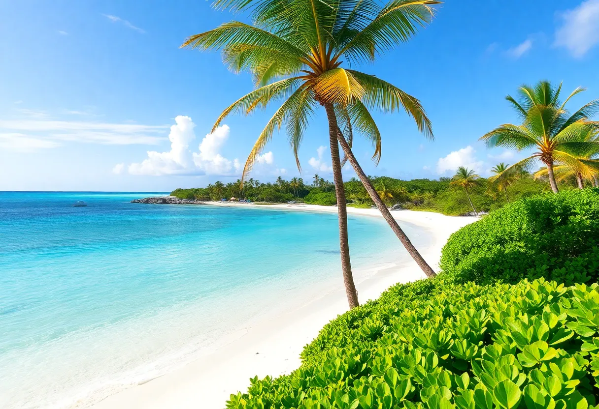 Beautiful beach at Celebration Key in the Bahamas with palm trees