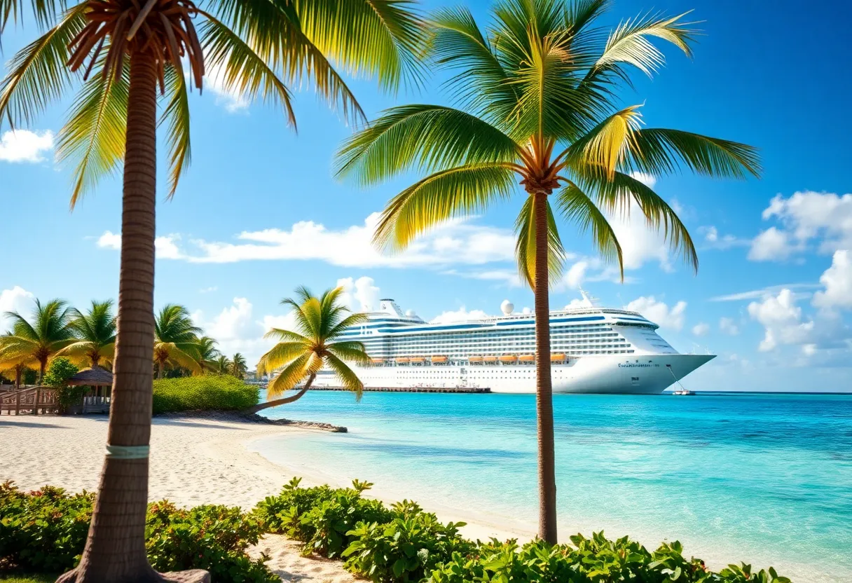 Tropical beach at Celebration Key with cruise ship