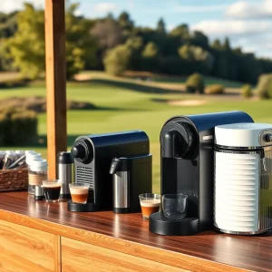 Golfers enjoying coffee at a golf clubhouse