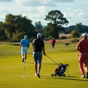 Golf course scene with an alligator and fans