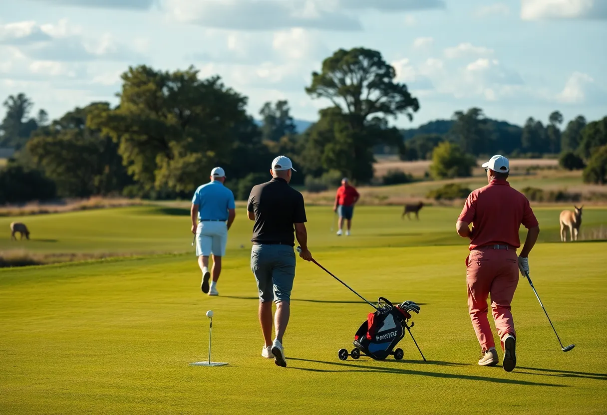 Golf course scene with an alligator and fans