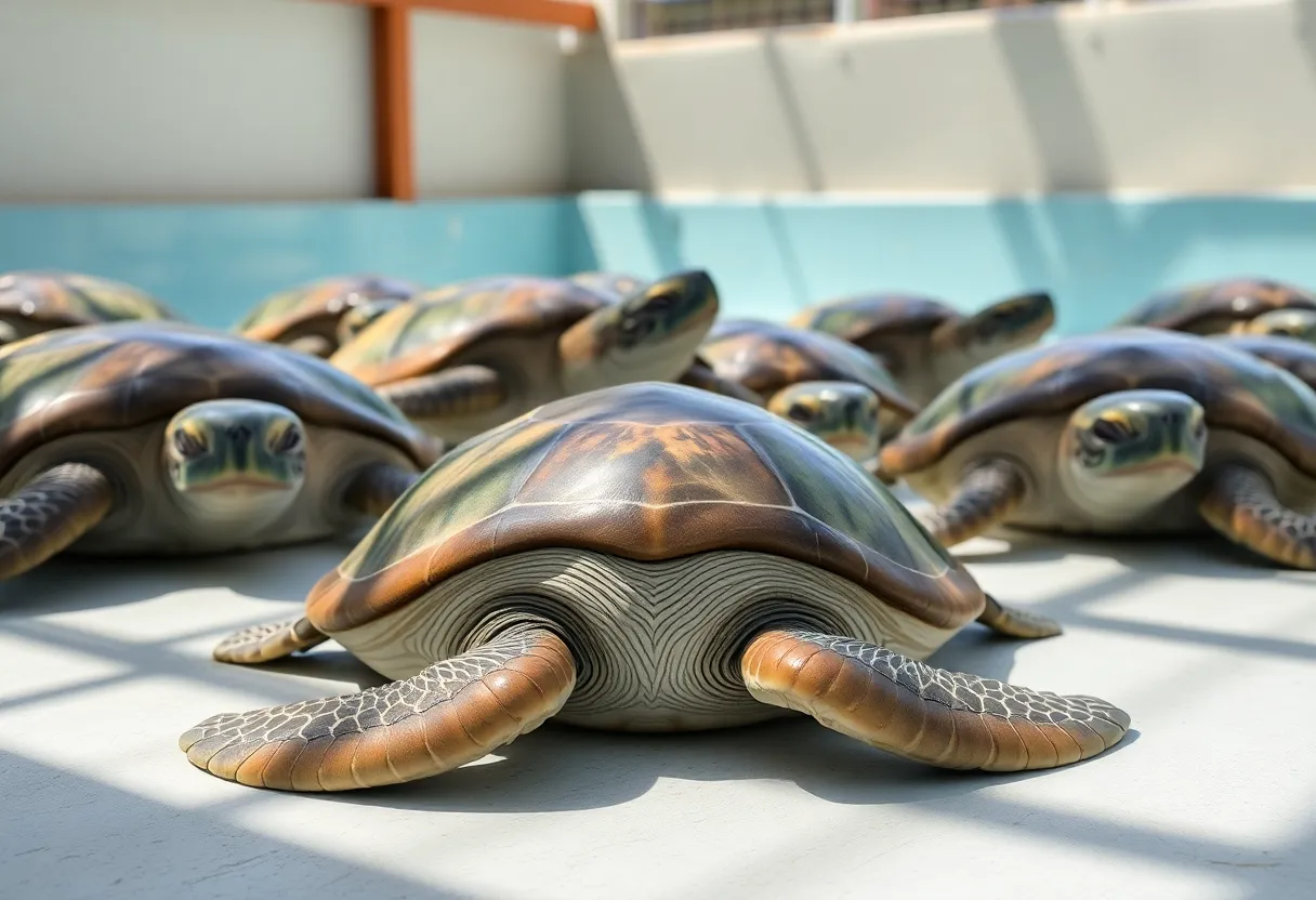 Green sea turtles being treated at the Loggerhead Marinelife Center