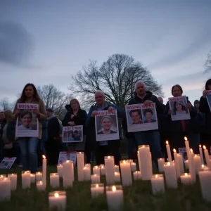 A community vigil with candles and portraits for missing individuals