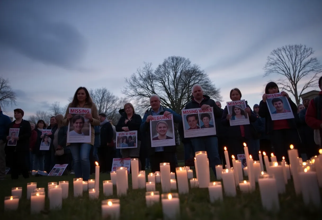 A community vigil with candles and portraits for missing individuals