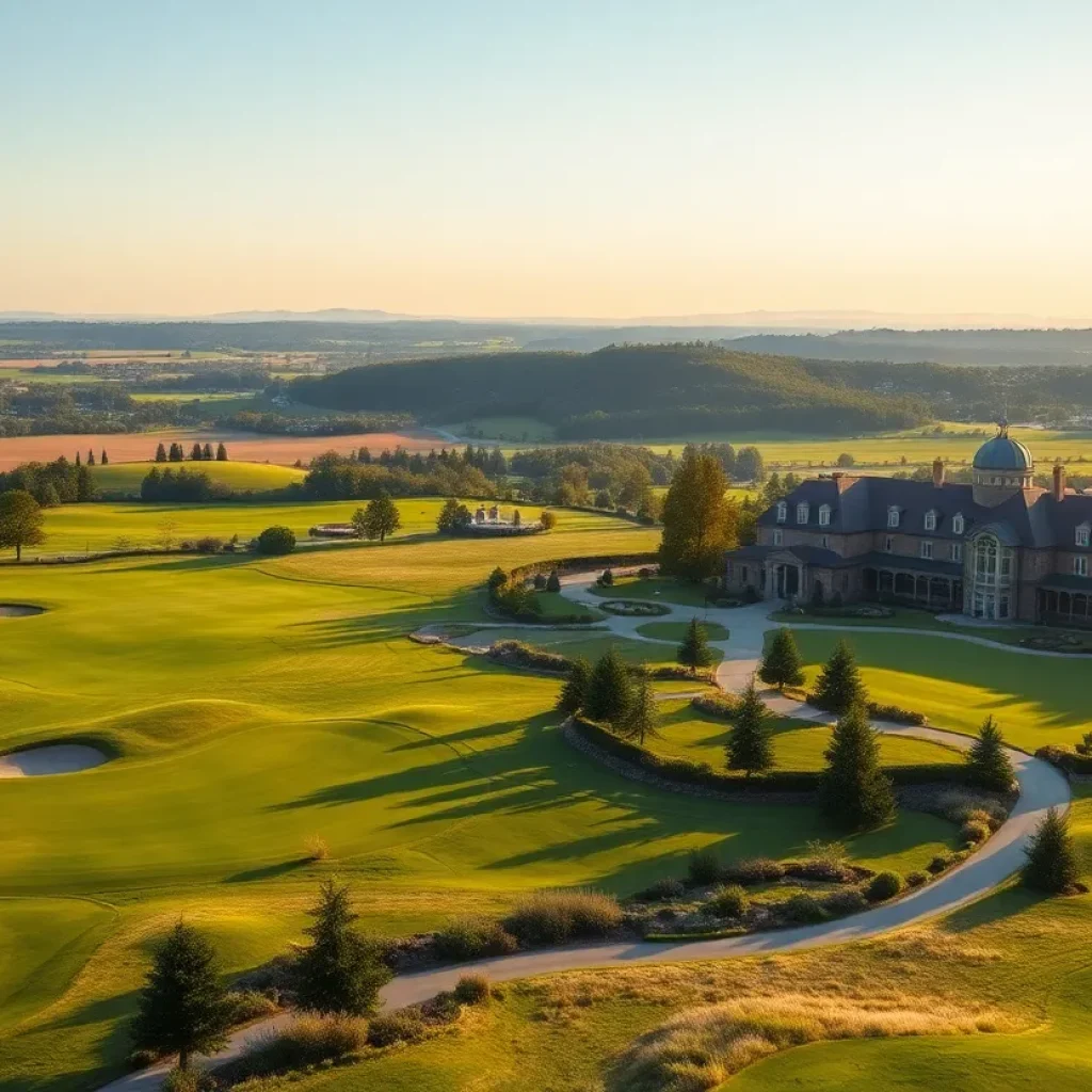 Aerial view of Costa Navarino Golf Resort with lush green golf courses.