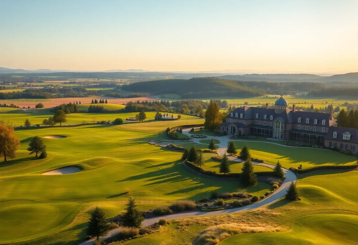 Aerial view of Costa Navarino Golf Resort with lush green golf courses.