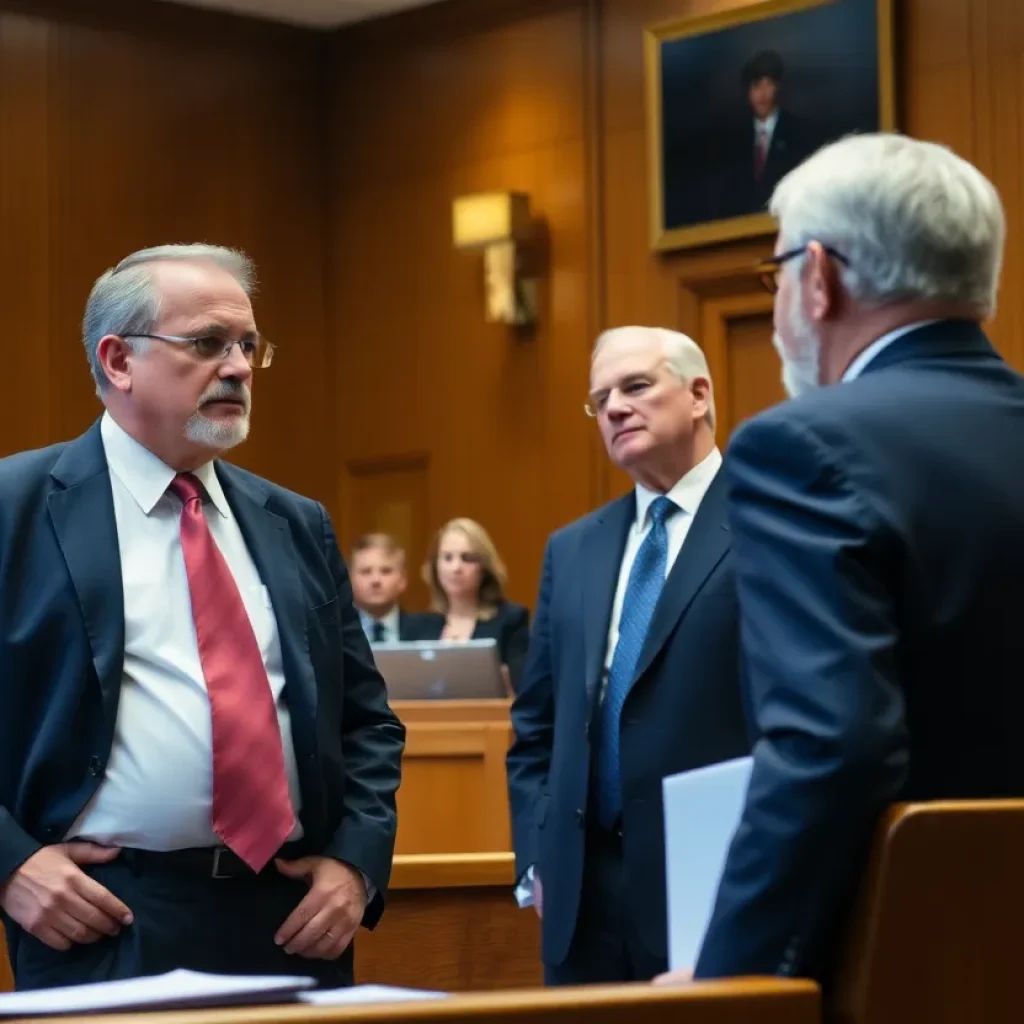 A courtroom filled with lawyers discussing a case.