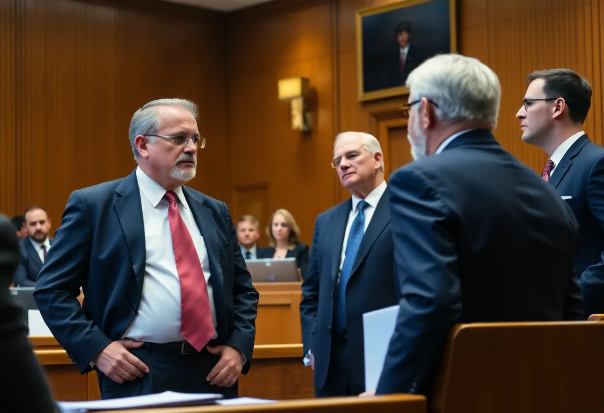 A courtroom filled with lawyers discussing a case.