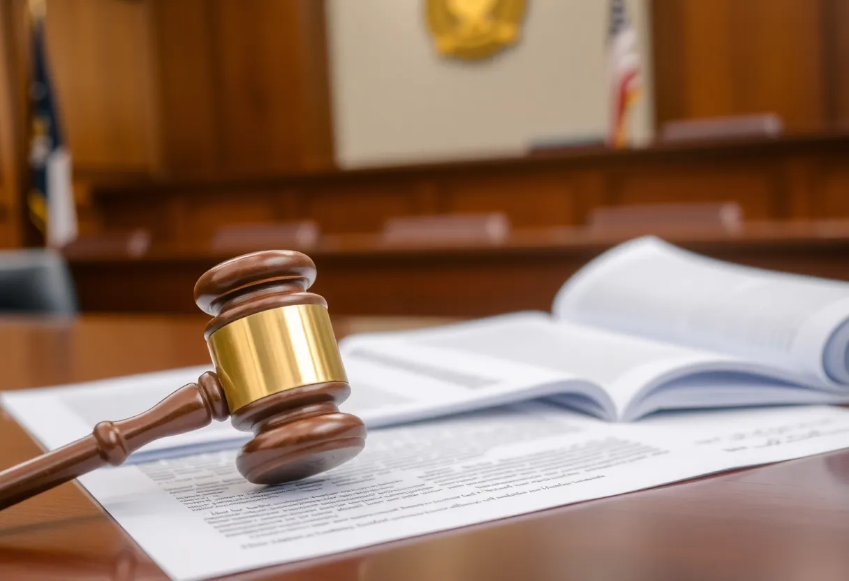 Courtroom scene depicting legal documents and a gavel highlighting a legal case.