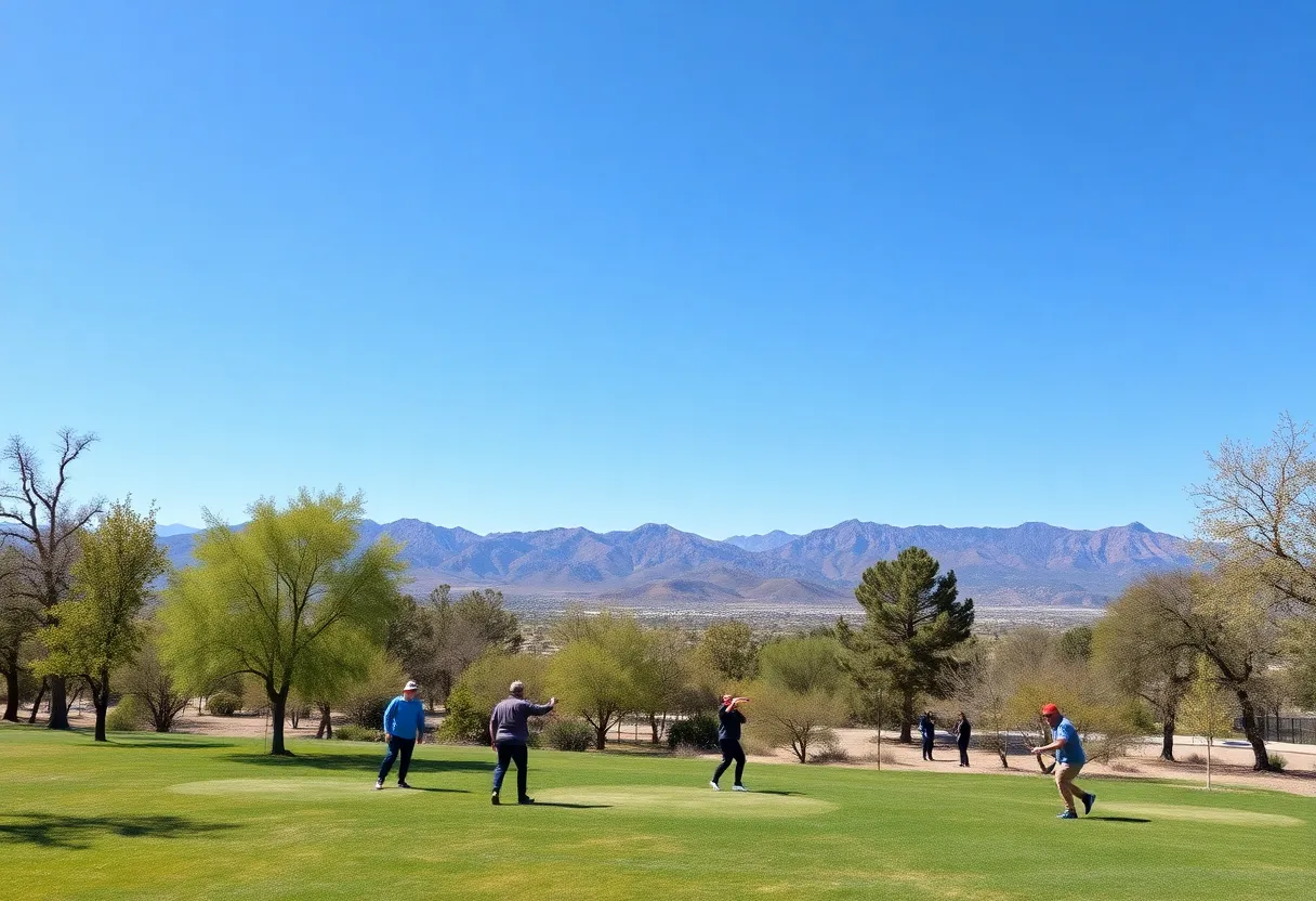 Players on a disc golf course in the Las Vegas desert