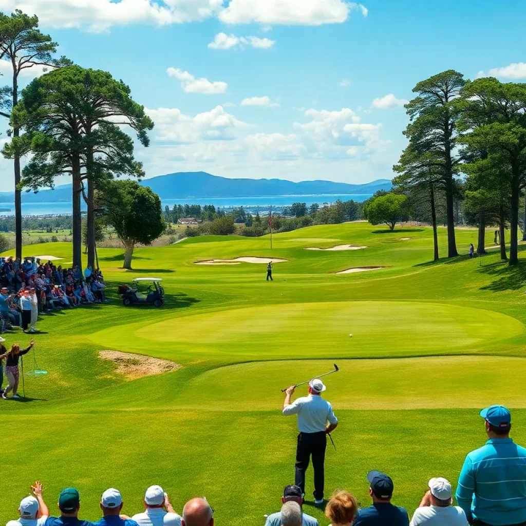 Action shot of golfers playing on a lush green golf course during a tournament