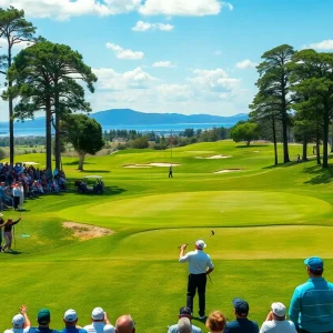 Action shot of golfers playing on a lush green golf course during a tournament