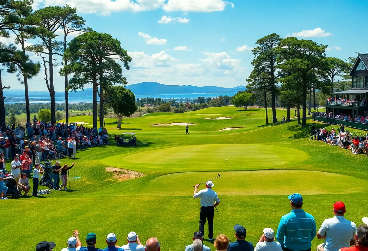 Action shot of golfers playing on a lush green golf course during a tournament