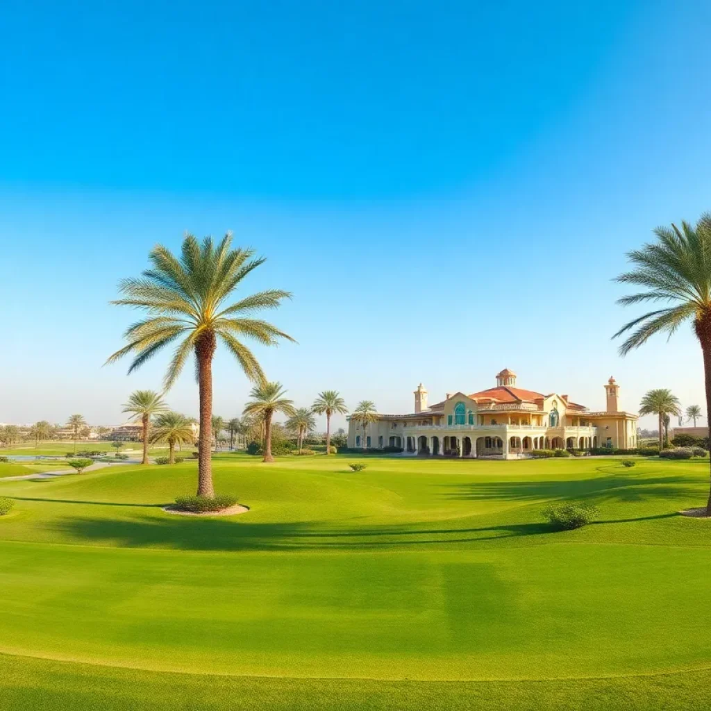 Stunning view of a golf course in Dubai with city skyline