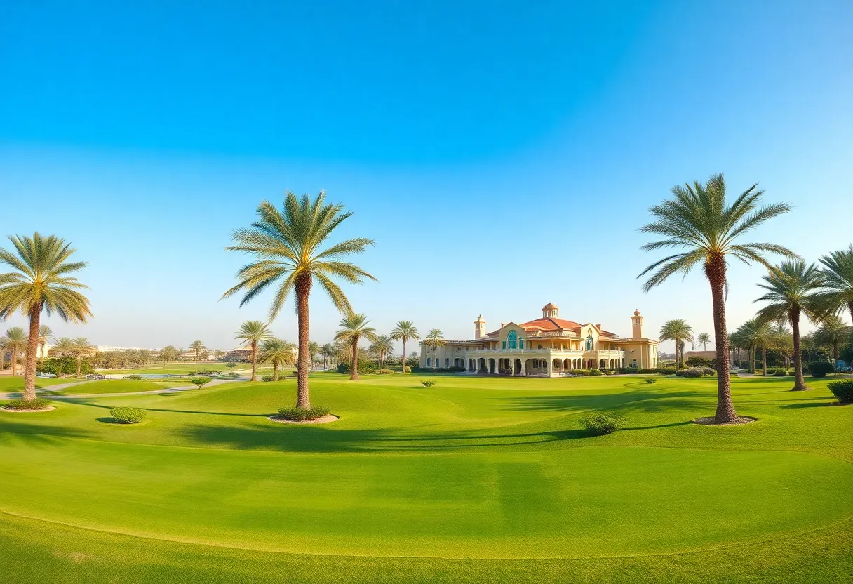 Stunning view of a golf course in Dubai with city skyline