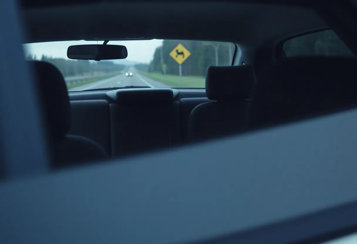 Empty car seats with a caution road sign symbolizing the aftermath of a DUI tragedy.