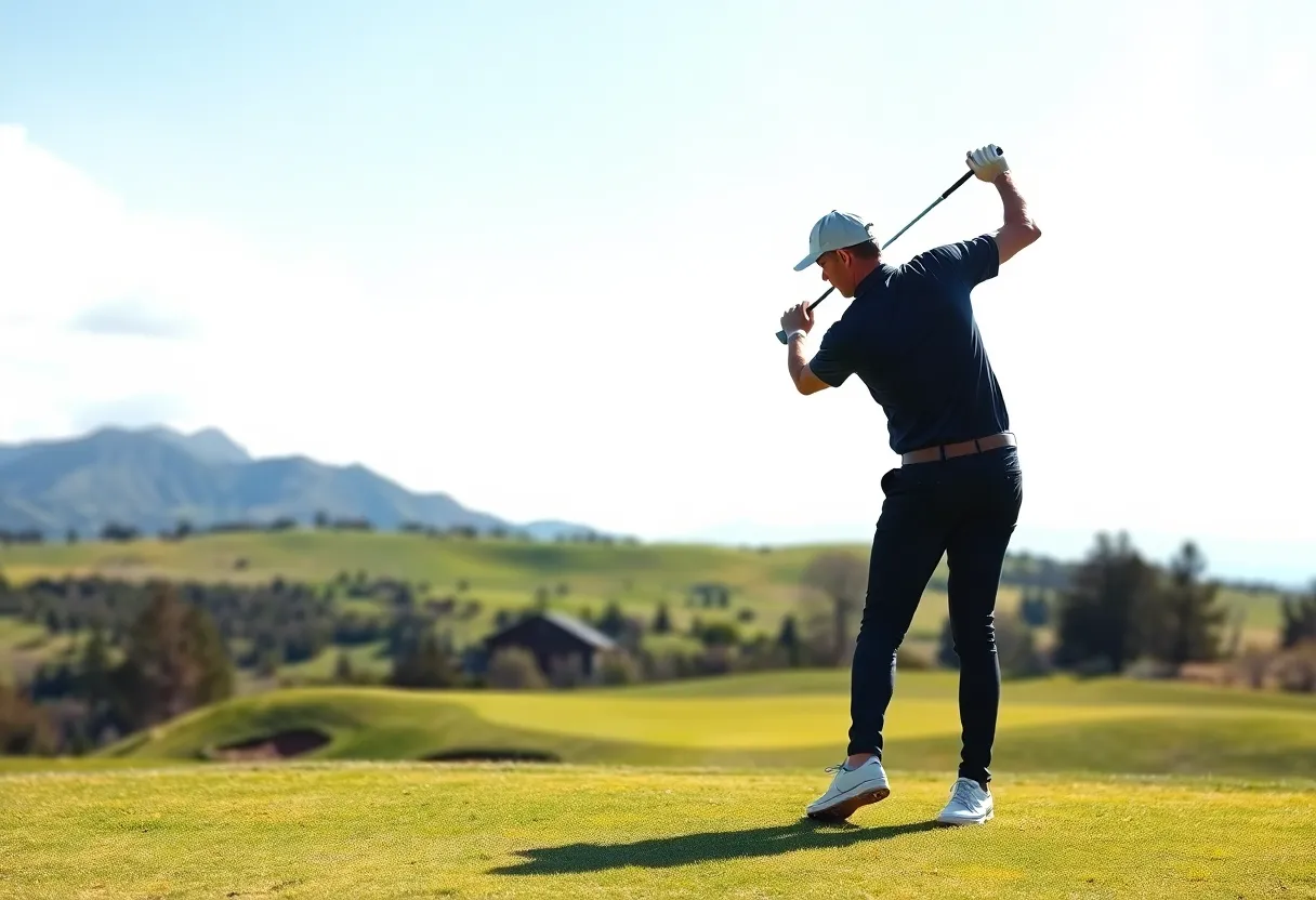 A vibrant golf course landscape with golfers in action.