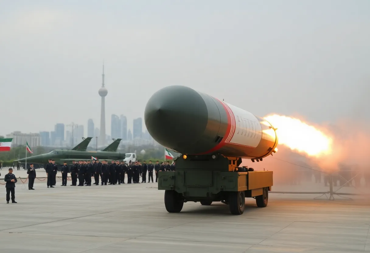 Iran's Etemad ballistic missile on display during the unveiling ceremony.
