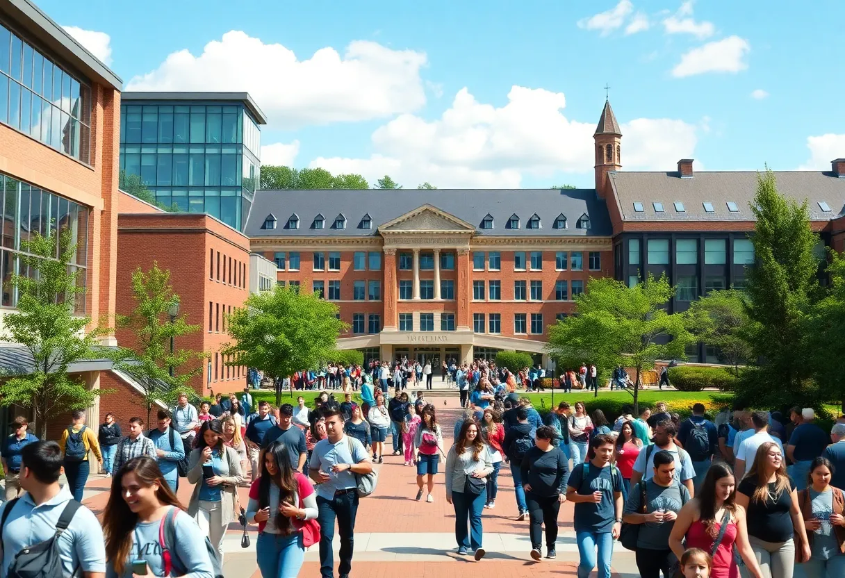 University campus with students and modern architecture