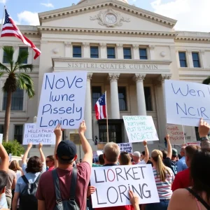 Crowd protests outside Florida's legislative building regarding immigration laws