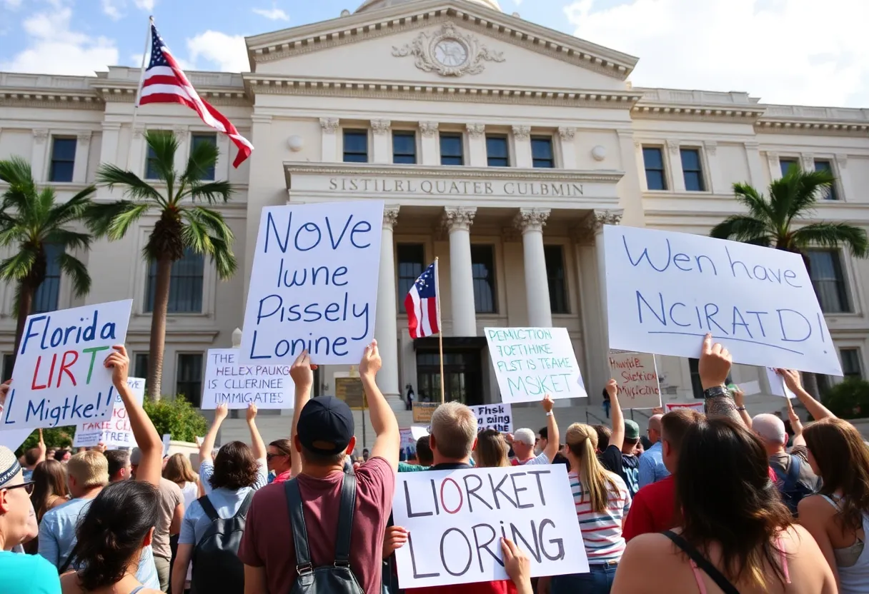 Crowd protests outside Florida's legislative building regarding immigration laws