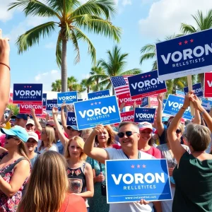 A lively campaign scene from the Florida primaries with supporters and signs.