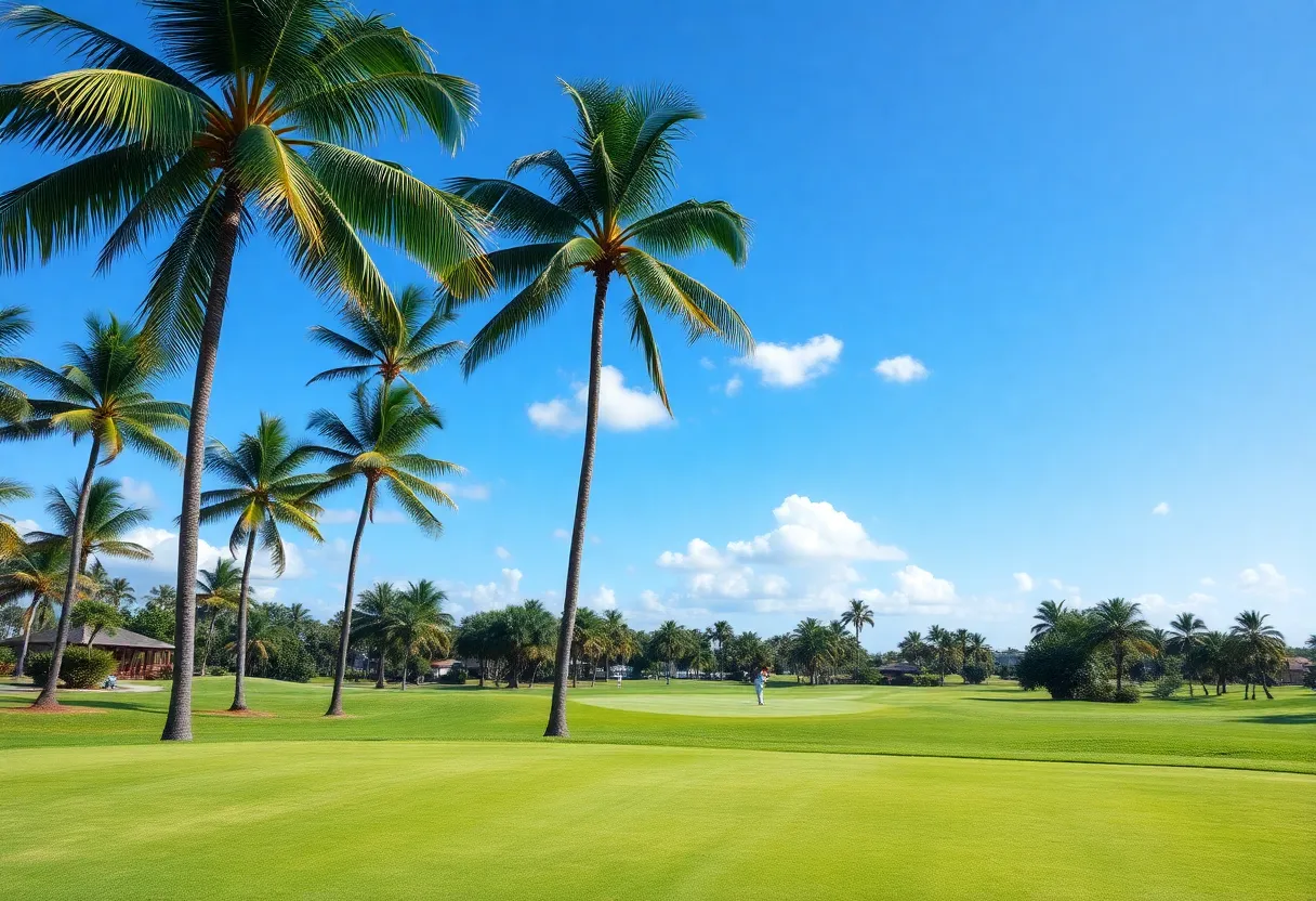 A beautiful public golf course in Florida surrounded by palm trees.