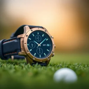 Futuristic golf watch displaying smart features on a golf course